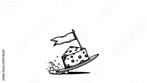 hand drawn wedge of Swiss cheese on a surfboard with a flag, monochrome sketch style, for food blogs, surfing lifestyle websites, and creative illustrations