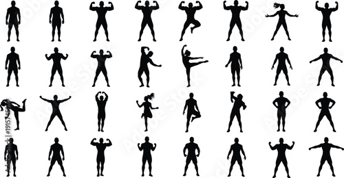 Bodybuilder silhouette collection, muscular male fitness poses set, strength training athlete flexing, gym workout vector illustration bundle