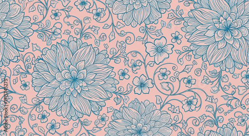 A serene floral pattern featuring blue flowers and vines on a soft pastel background viewed from directly above