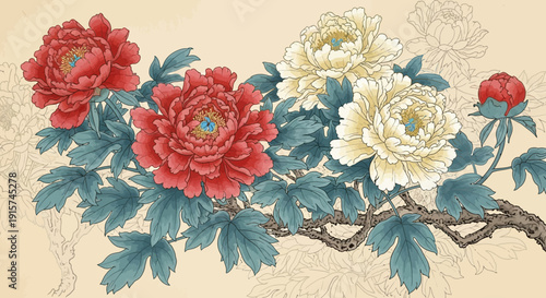 Floral branch illustration featuring peonies and leaves in a traditional style from a close-up viewpoint