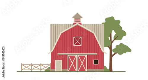 A vibrant red barn with a wooden fence and trees standing tall in a serene rural landscape illustration