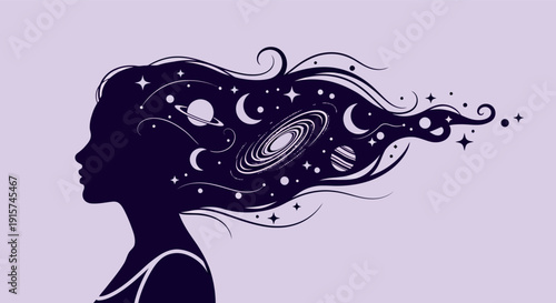 Woman with hair made of swirling galaxies and stars in space
