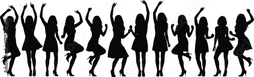 Dancing women silhouette set, party celebration poses, female movement vector illustration, joyful nightlife activity isolated fashion clipart collection