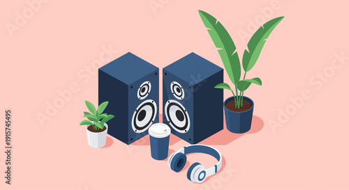 Stereo speakers and headphones placed near potted plants in a serene indoor setting viewed from above