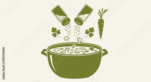 A large pot filled with stew and salt being sprinkled from shakers, accompanied by a carrot