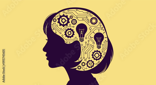 Innovative woman with gears and lightbulbs in her head