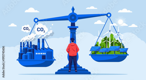 Man standing on scale balancing industrial pollution with nature and greenery in a serene environment viewed from behind