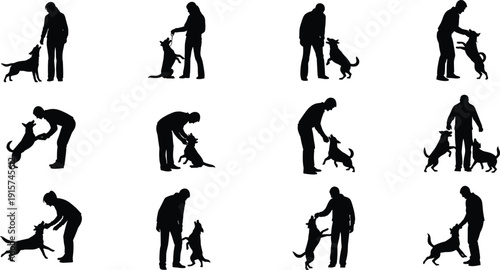 Dog training silhouette set, owner teaching obedience commands, canine behavior practice vector illustration, isolated pet training clipart collection