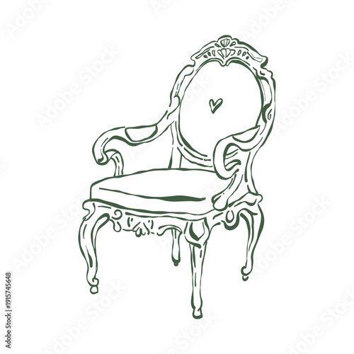 Classic vintage armchair. Carved wooden chair. Romantic interior. Baroque and Rococo styles. Classic upholstered furniture. Green vector outline clipart. Retro hand-drawn illustration.