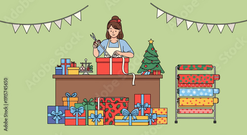 Woman Wrapping Christmas Gifts at a Festive Holiday Stall with Colorful Presents and Decorations