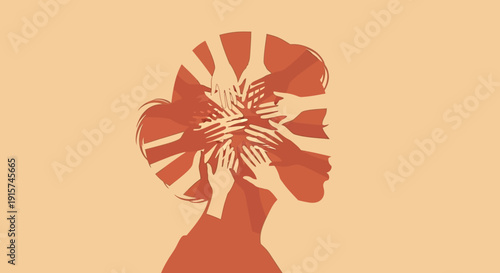 Woman overwhelmed by multiple hands touching her head in a chaotic mental state