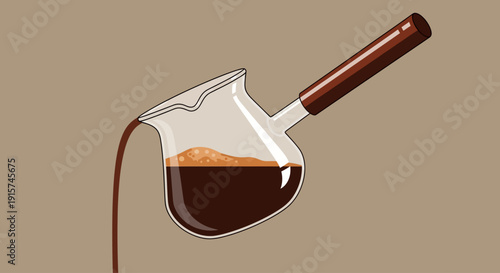 A saucepan with brown liquid pouring from it, viewed from the side in a simple illustration style