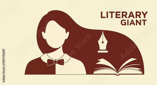 Literary giant woman with book and pen symbolizing writing and knowledge