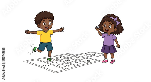 Children playing hopscotch game on a grid drawn on the ground, enjoying outdoor fun together in a vibrant playground scene.