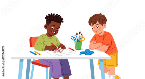 Two children sitting at a table engaged in a creative art activity together in a classroom setting from a frontal viewpoint