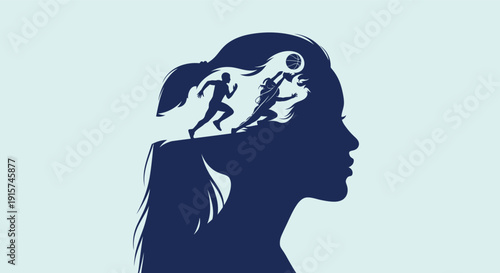Woman's mind focused on sports and fitness with dynamic silhouettes