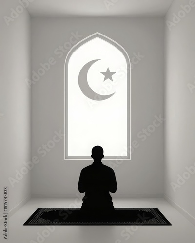 Man Praying in a Serene White Room with Crescent Moon and Star Window View
