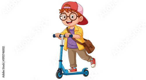 A young boy rides a scooter with a backpack on a casual outing, viewed from the side in a playful illustration