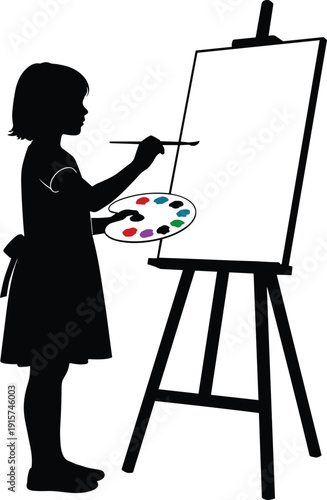 Girl painting silhouette, child artist with easel and palette, creative art activity vector illustration, isolated young painter clipart
