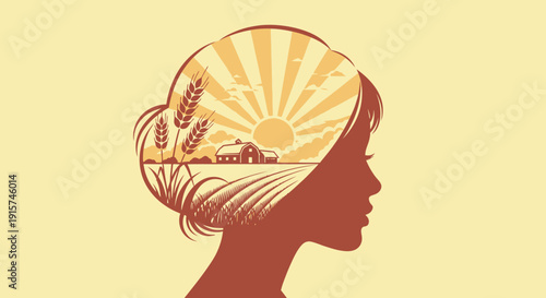 Woman's silhouette with farm landscape inside her head at sunrise