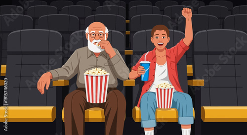 Elderly man and young boy enthusiastically watching a movie together in a cinema