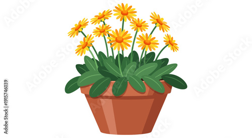 A pot of blooming yellow flowers in a terracotta pot viewed from above in a garden setting