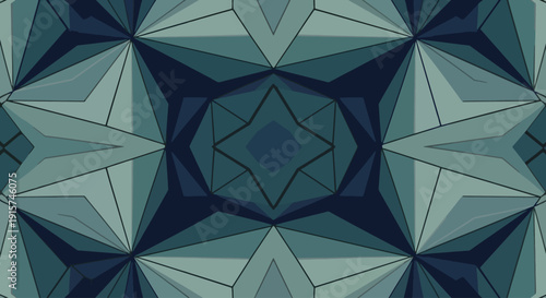 A symmetrical geometric pattern of teal and dark blue shapes forming a kaleidoscope design from a top-down viewpoint