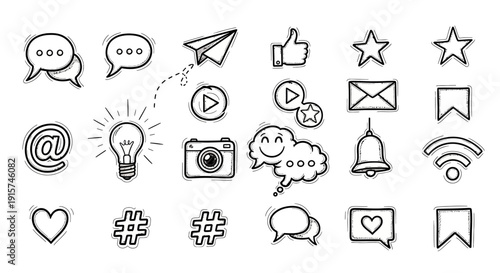 Collection of Simple Line Icons Representing Social Media and Communication Concepts on a Clean Background from a Direct Viewpoint