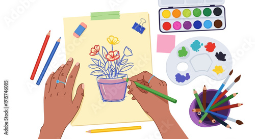 Creating artwork with colorful flowers and plants in a pot on paper with paintbrushes and paints nearby on a table