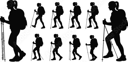 Hiker silhouette collection, trekking backpacker walking poses set, mountain adventure travel activity, outdoor vector illustration isolated bundle
