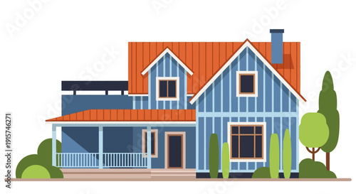 Two-story blue house with orange roof and porch, surrounded by green trees viewed from the front.