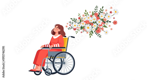 A woman in a wheelchair surrounded by flowers is smiling while looking away from the camera