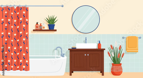Modern Bathroom Interior with Bathtub and Shower Curtain, Featuring Plants and Decorative Elements from a Straight-On Viewpoint