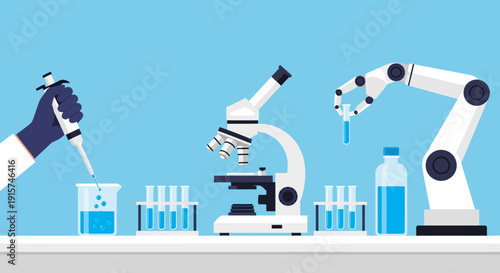 Scientists conduct experiments in a laboratory with robotic arms and various equipment