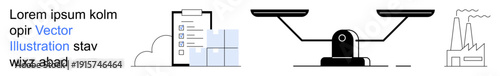 Business operations, legal balance, productivity, industrial processes, data management, decision-making. Scales, checklist factory icon and data boxes. Business operations and industrial processes