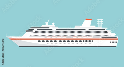 A large cruise ship sails across the calm ocean waters viewed from the side on a sunny day