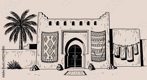 Traditional Middle Eastern building with arched doorway and palm tree viewed from the front