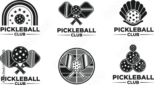 Pickleball club logo collection, paddle and ball emblems, sport badge designs, vintage tournament vector illustration set isolated