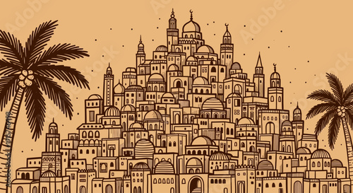 Ancient Cityscape with Domes and Minarets Surrounded by Palm Trees, Illustrated from a Distant Viewpoint
