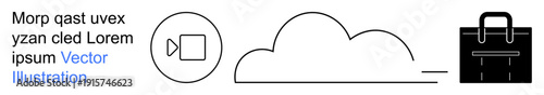 Cloud storage, remote work, online meetings, digital tools, business communication, data organization. Minimalistic icons of cloud, video camera and briefcase. Cloud storage and remote work concept