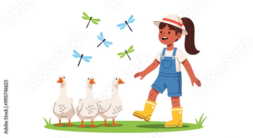 A young girl in overalls walking with geese and dragonflies in a lush green field