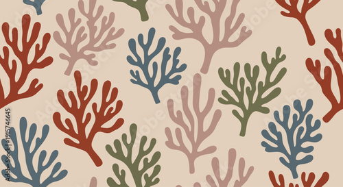 Vibrant Coral Reefs Pattern with Colorful Sea Fans and Branches in a Serene Ocean Environment from a Top-Down Viewpoint