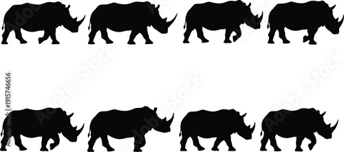 Rhinoceros silhouette set, walking rhino poses, African wildlife endangered animal vector illustration, isolated safari mammal clipart collection bundle