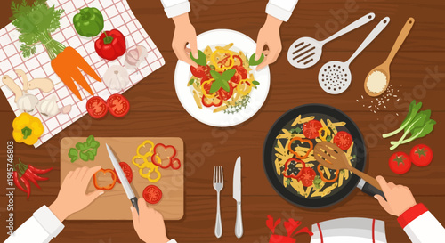 Preparing a colorful meal together, hands cooking, kitchen, various ingredients, wooden table, top view