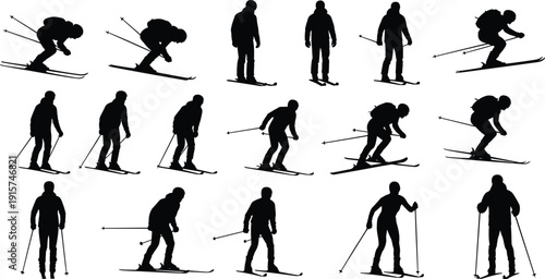 Skier silhouette collection, alpine skiing action poses, winter sport athlete set, downhill cross country vector illustration isolated bundle