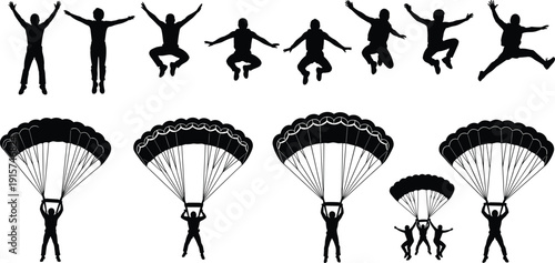 Skydiving silhouette set, parachute jump action poses, extreme sport adventure vector illustration, isolated aerial activity clipart collection bundle