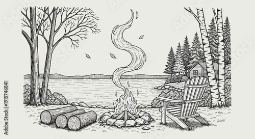 Serene lakeside campfire scene with chair and trees viewed from a peaceful perspective