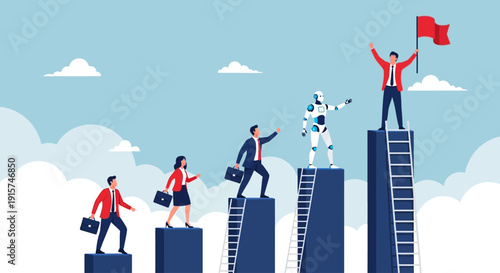 Professionals climbing corporate ladders, collaborating with artificial intelligence, reaching new heights and achieving success together in a competitive business environment from a bird's eye view