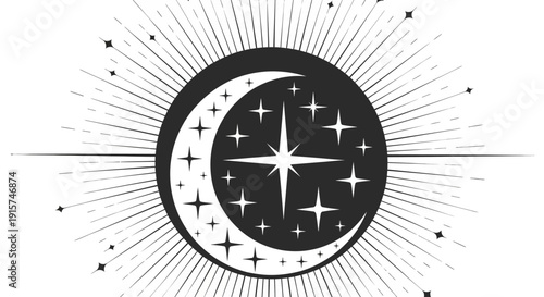 Celestial Body Illustration Featuring Moon, Stars, and Sun Elements in a Mystical Composition