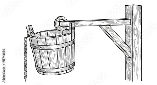 A detailed illustration of a wooden bucket hanging from a sturdy wooden beam, showcasing rustic charm and traditional craftsmanship in a simple yet elegant drawing
